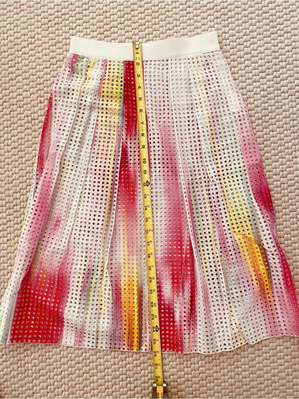 Elie Tahari White Eyelet A-Line Skirt with Pink & Yellow Watercolor Accents